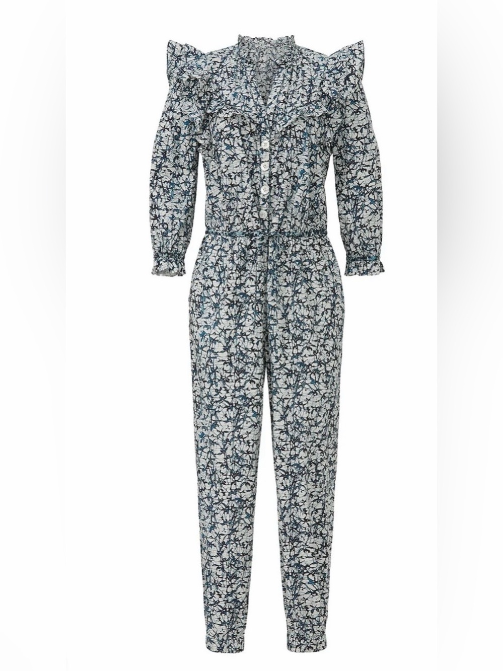 Veronica Beard Tanay Jumpsuit Navy Blue Floral Ruffle Cotton Size 8